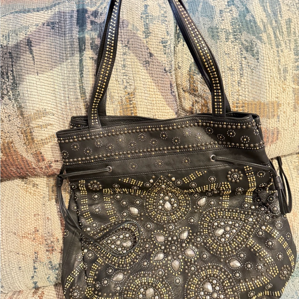 Vintage 2019 Roberto Cavalli Black Leather Studded Tote with Gold Accents (New!)